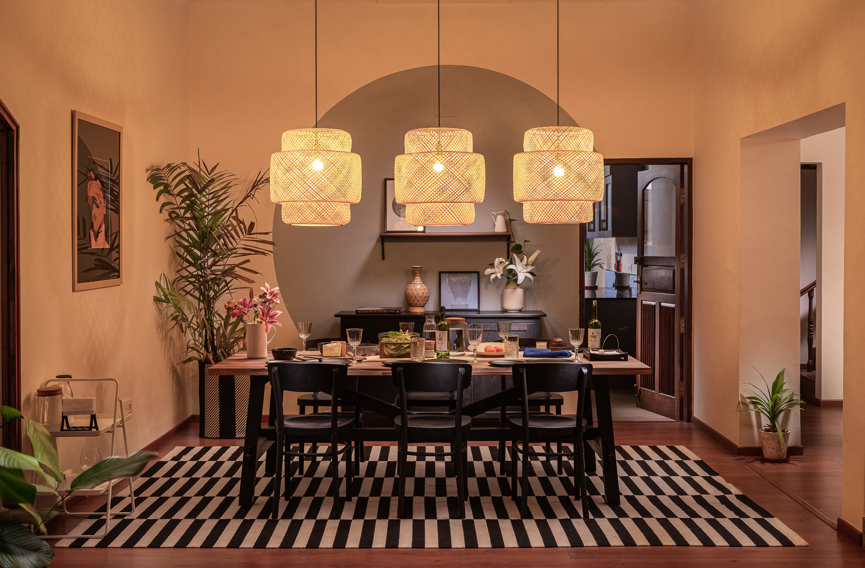 Ikea Dining Room with Wicker Pendant Lights